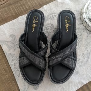 Cole Haan Wedge Slide Sandals, black and gray snakeskin, size 8.5